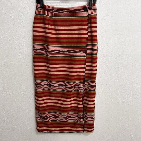 Vintage USA F.L. Malik Red Serape Striped Wrap Maxi Skirt Sz 10 Southwest Cotton - Picture 1 of 10